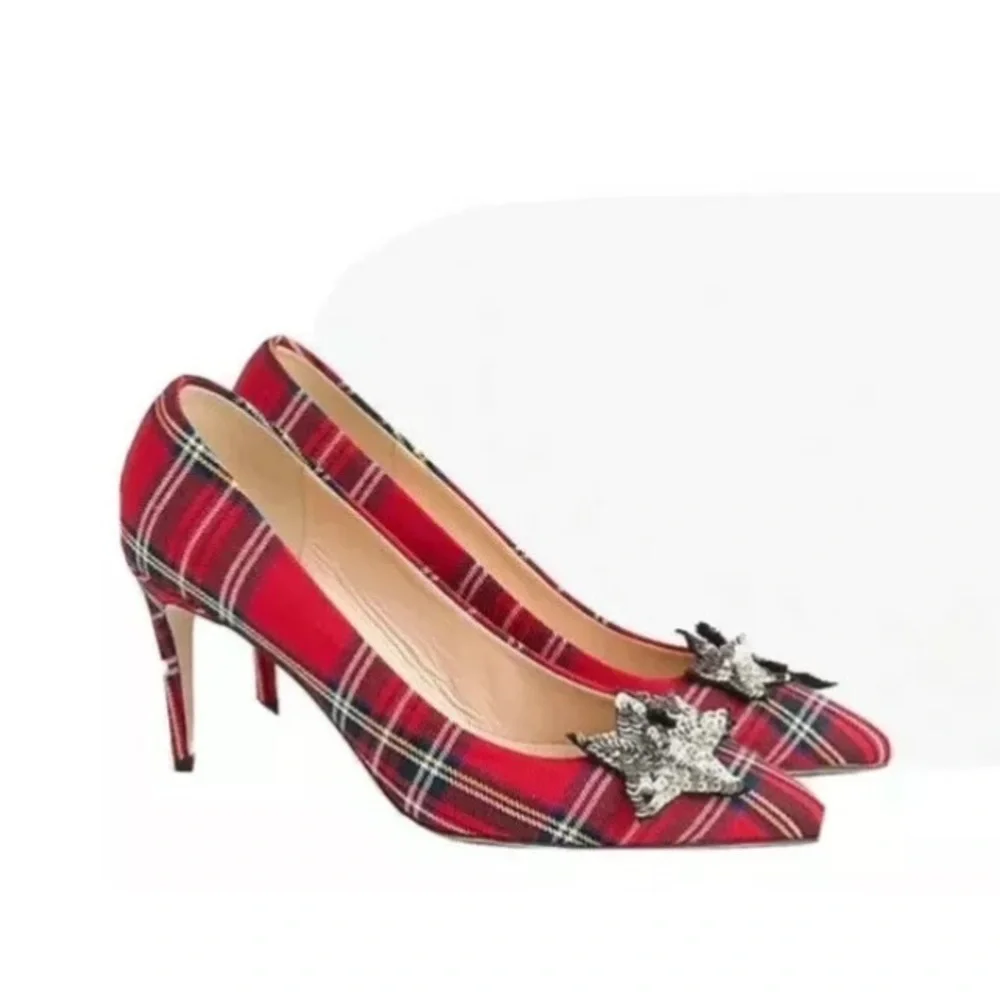 J.Crew Lucie Pump Tartan Star Sequins Red Plaid Sz 8 NWOB